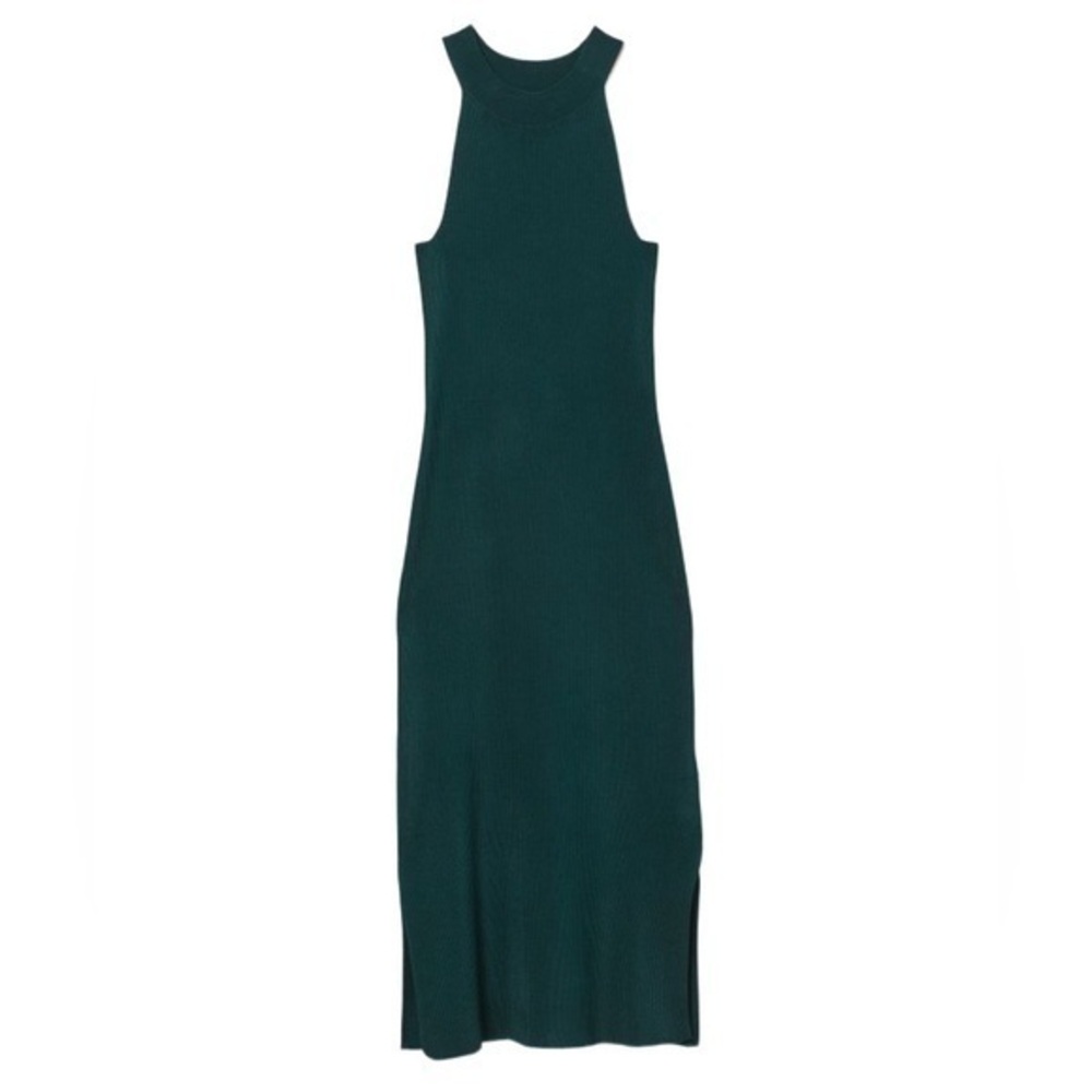 H&M Dark Green Fitted Dress High Neck Midi Party Cocktail Ribbed
